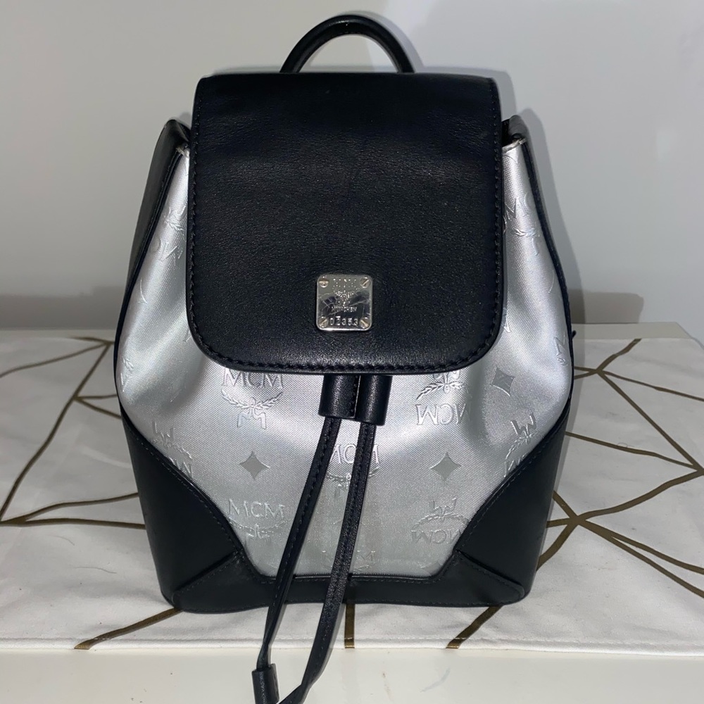 BLACK AND SILVER MCM MINI BACKPACK